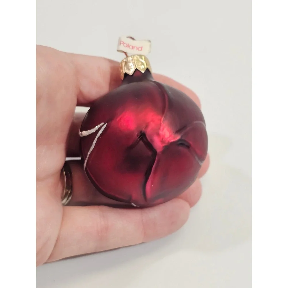 Poland Glass Rose Bud Christmas Ornament Burgundy Red Silver Glitter Floral 2in